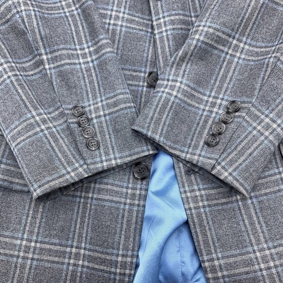 Unbranded Blazer Men 40 Gray Blue Windowpane Plaid Classic Wool Jacket Chile - Picture 3 of 12